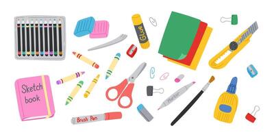 Art crafting items set with scissors and modeling clay in flat hand drawn style. Colorful educational or school stationary stickers isolated on white background. Good for decoration or labels vector