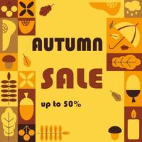 Autumn sale abstract square banner in geometric style. Cozy forest autumn items in simple geometric shapes vector