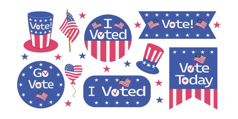 Set of Voting stickers or labels in different shapes with USA flags and white stars. Vote icon, sticker, badge or sign collection. Presidential campaign concept. American election design element