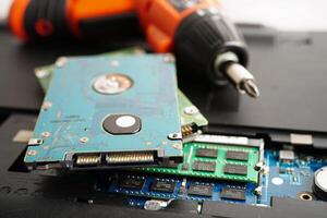 Repairing and upgrade circuit mainboard of notebook, electronic, computer hardware and technology concept. photo