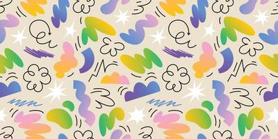 Colorful seamless pattern with abstract floral shapes, groovy doodles and squiggle lines. Ideal for retro-inspired designs and creative projects vector