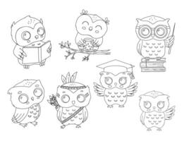 Cute little owl sitting on tree branch, with glasses on stack of books, with student graduation hat. vector