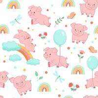 Seamless pattern with cute piggy on rainbow and flying with balloon. Funny farm animal little piglet for textiles or fabric for newborns and nursery. vector