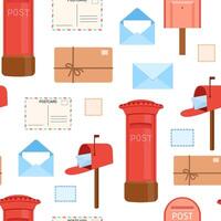 Seamless watercolor pattern with open and closed envelopes and red post box on white background vector