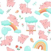 Seamless pattern with cute piggy on rainbow and flying with balloon. Funny farm animal little piglet for textiles or fabric for newborns and nursery. vector
