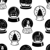Seamless monochrome pattern with winter glass snowglobe with snowman and christmas tree. glyph illustrations isolated on white. vector