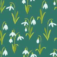 Seamless floral hand drawn pattern with flower snowdrop on dark green background vector