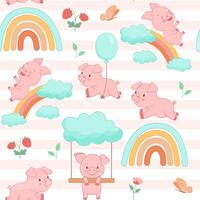 Seamless pattern with cute piggy jumping rainbow. Funny farm animal little piglet for textiles or fabric for newborns and nursery. vector