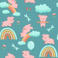 Seamless pattern with cute piggy on rainbow and flying with balloon on blue background. Funny farm animal little piglet for textiles or fabric for newborns and nursery. vector