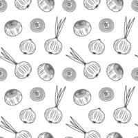 Hand drawn monochrome seamless pattern with vegetable onion and slices on white background. vector