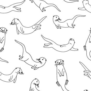 Cute otters in different actions, outline illustrations isolated on white background. Otters swimming and standing. vector