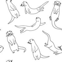 Cute otters in different actions, outline illustrations isolated on white background. Otters swimming and standing. vector