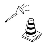 Doodle Icon traffic cone and pipe isolated on white. Sketch vector