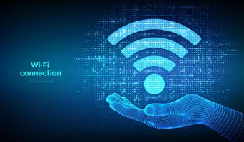 Wi-Fi network icon. Wi Fi sign made with binary code in hand. Wlan access, wireless hotspot signal symbol. Mobile connection zone. Data transfer. Router or mobile transmission. illustration. vector