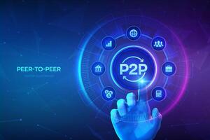 Peer to peer. P2P payment and online model for support or transfer money. Peer-To-Peer technology concept on virtual screen. Hand touching digital interface. Press button P2P. illustration. vector