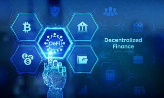 DeFi. Decentralized Finance. Blockchain, decentralized financial system. Business technology concept on virtual screen. Wireframe hand touching digital interface. illustration. vector