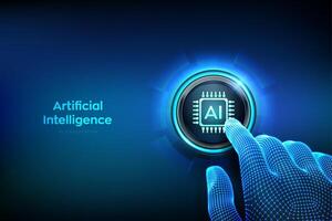 AI. Artificial intelligence. Machine learning. Big data innovation technology. Neural networks. Closeup finger about to press a button with Artificial intelligence icon. illustration. vector
