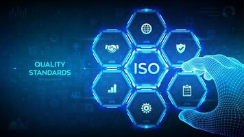 ISO standardization certification. Quality control. Quality standards control assurance warranty. Wireframe hand places an element into a composition visualizing Quality control. illustration. vector