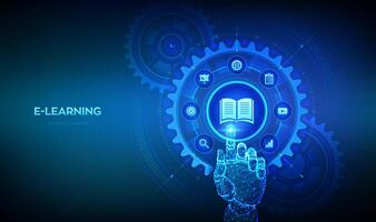 E-learning. Innovative online education concept. Webinar, teaching, online training courses. Skill development. Wireframe hand touching digital interface with connected gears cogs and icons. . vector