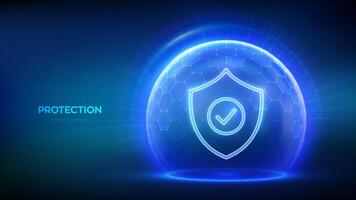 Protection. Cyber security. Network safety. Healthcare. Insurance. Protection shield with Check mark icon inside transparent sphere shield with hexagon pattern on blue background. illustration. vector