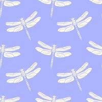 Seamless pattern with dragonfly in linocut style. vector
