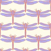Seamless pattern with purple-orange dragonfly on a beige background. Endless background. vector