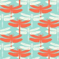 Seamless pattern with beige and orange dragonfly on a green background. Endless ornament with insect. vector