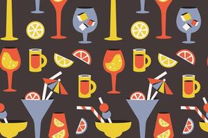 Cocktail seamless pattern. Alcoholic beverages in retro style. Hand drawn Glassware of different shapes, sizes, colors. Utensils for champagne, wine, champagne, wine, brandy, whiskey, tequila. vector