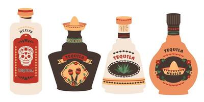 Tequila bottle set. Glass bottles of different shapes, size, color with mexican elements. Alcoholic beverages in retro style. Mexico tequila with Vintage labels. illustration vector