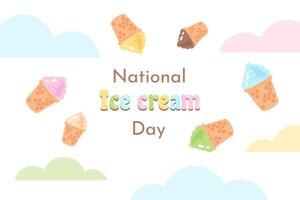 Ice cream day. Greeting banner with Delicious ice cream sundae in waffle cones. Sweet color frozen yogurt with various fruit topping and flavor. flat cartoon illustration vector