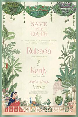 Indian Mughal Wedding Invitation Card Design. Rajasthani colorful green parasol hanging on top, tropical tree, peacock, arch, fence