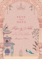 Traditional indian style Mughal wedding invitation card design. Save the date invitation card with decorative elements for printing vector