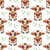 Seamless pattern, cute spotted cows with flowers on a white background. Farm animal background. Print, textile vector