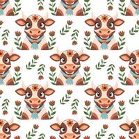 Seamless pattern, cute spotted cows with flowers on a white background. Farm animal background. Print, textile vector