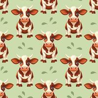 Seamless pattern, cute spotted cows with flowers on a white background. Farm animal background. Print, textile vector
