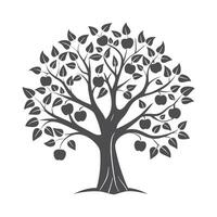 Silhouette of a fruit tree with apples isolated on a white background. Black and white illustration, sketch, design element vector