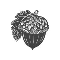 Silhouette of an acorn oak tree on a white background. Black and white engraving illustration, sketch, design element vector