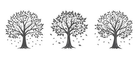 Silhouettes of autumn trees with falling leaves on a white background. Black and white illustration, sketch, design elements vector