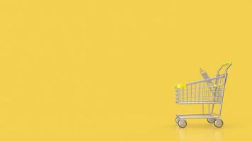 The shopping cart on yellow Background 3d rendering. photo