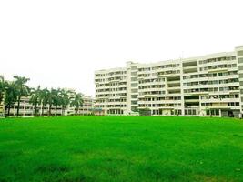 Landscape View of big trees and buildings next to green playground photo