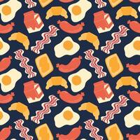 Seamless pattern with fried eggs, milk, croissant and bacon. Breakfast wallpaper. vector