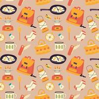 Seamless pattern with camping elements. Nature recreation, tourism and adventure. vector