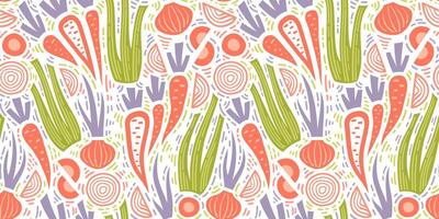 Geometric Vegetable seamless pattern with carrot, celery, onion. Hand drawn kitchen background for surface, wallpaper, wrapping, menu, apron, tablecloth. vector