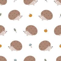 Seamless pattern with cute hedgehog. For fabric, wrapping, cards, textile, wallpaper, apparel. Isolated cartoon illustration in flat style on white background. vector