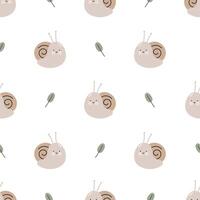 Seamless pattern with cute snail. For fabric, wrapping, cards, textile, wallpaper, apparel. Isolated cartoon illustration in flat style on white background. vector