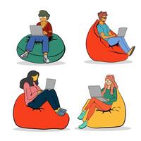 illustration of people working on a laptop and sitting on a lazy sofa vector