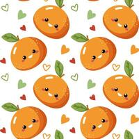 seamless pattern with cute mandarine fruits. Summer repeated texture with smiling tangerines. Kids print with cartoon characters for childish clothing, fabrics and wallpaper. Doodle background vector