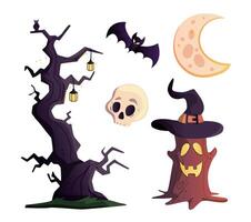 Halloween set. An old tree, a moon, a bat, a skull. Cute cartoon spooky characters and elements vector