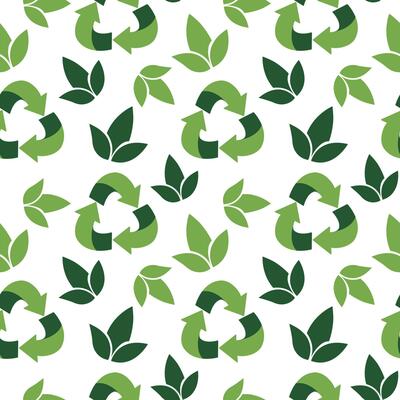 Sustainable packaging seamless pattern, Flat design of recycling symbol and leaves background, cute illustration with reflections