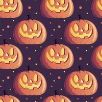 seamless pattern for Halloween with orange smiling spooky pumpkins on dark blue background. Holiday backdrop for wrapping paper, fabric, textile, scrapbook. vector